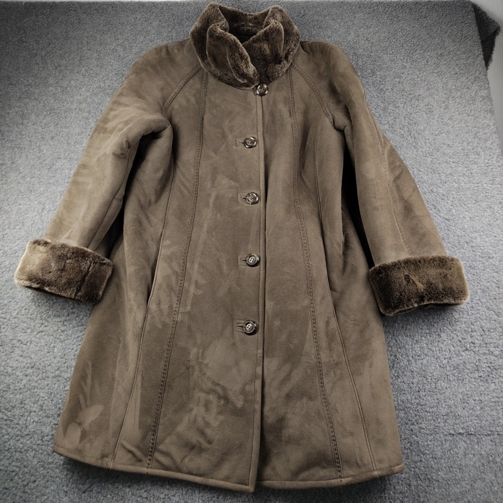Gallery Shearling Coat Sz Small Faux Fur Trim Brown Mid Length Button Front